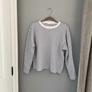 Babaton White Long Sleeve T-Shirt with Black Stripes - Size Small